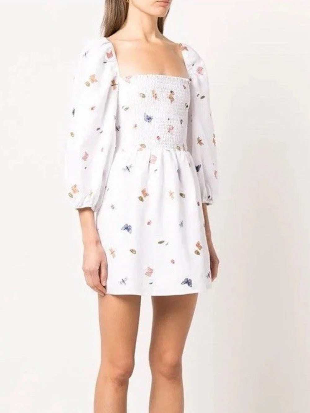 Reformation White Mini Dress with Floral and Butterfly Print